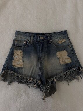 Bohemian Seoul Distressed Blue Denim High-Waist Shorts